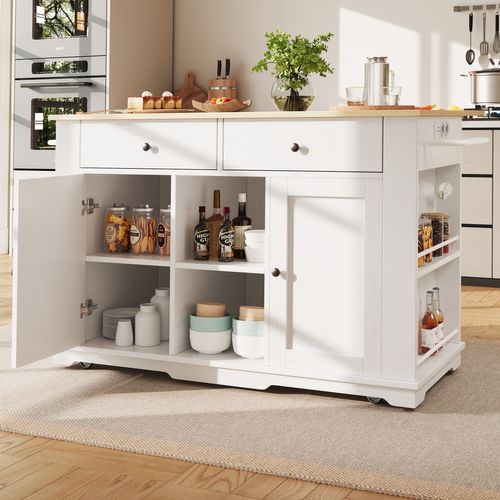 Buffet De Cuisine Blanc à Motif Bois Avec Prises - Plan De Travail - Rangement Et Service Mobile