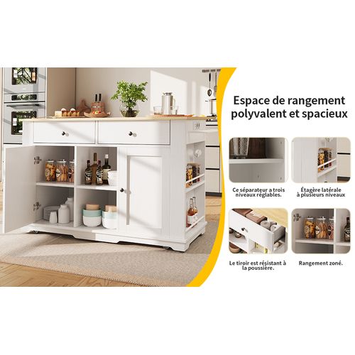Buffet De Cuisine Blanc à Motif Bois Avec Prises - Plan De Travail - Rangement Et Service Mobile