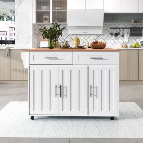 Buffet à Manger Mobile Blanche 129 Cm - Plateau Rabattable, 2 Tiroirs - 5 Roues, Rangement Intégré