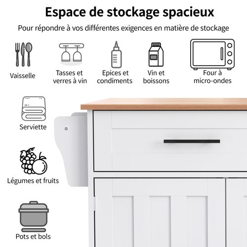 Buffet à Manger Mobile Blanche 129 Cm - Plateau Rabattable, 2 Tiroirs - 5 Roues, Rangement Intégré
