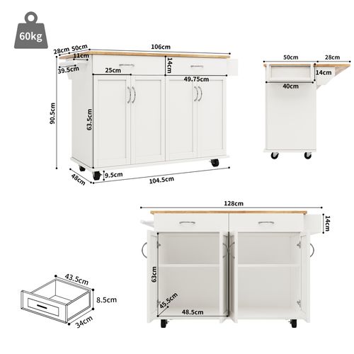Buffet Cuisine Blanc Et Bois 106 Cm - Îlot Et Table Avec Rangement - Multifonction Pratique