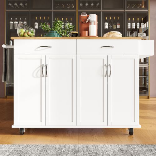 Buffet Cuisine Blanc Et Bois 106 Cm - Îlot Et Table Avec Rangement - Multifonction Pratique