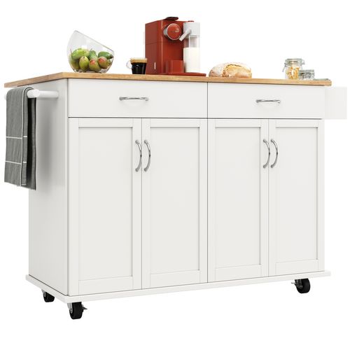 Buffet Cuisine Blanc Et Bois 106 Cm - Îlot Et Table Avec Rangement - Multifonction Pratique