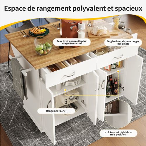 Buffet Cuisine Blanc Et Bois 106 Cm - Îlot Et Table Avec Rangement - Multifonction Pratique