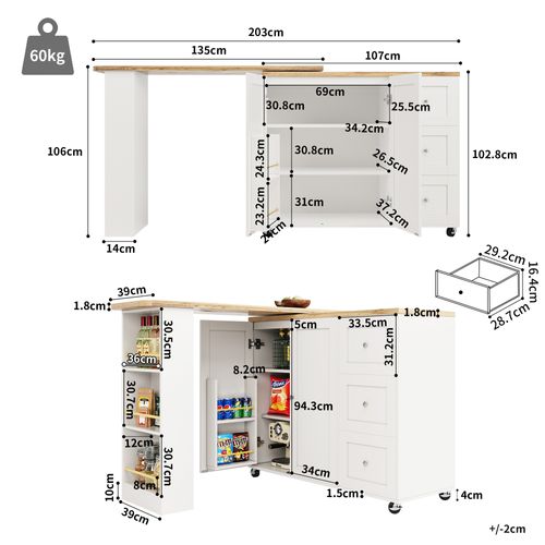 Buffet Mobile Rotatif Blanc Réglable En Hauteur - 3 Tiroirs, Porte-snack - Pour Cuisine Et Salon