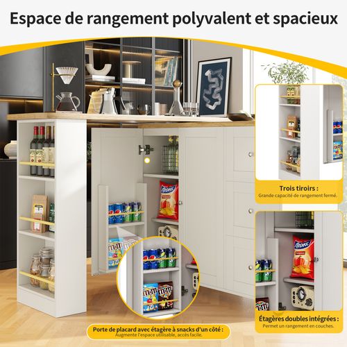 Buffet Mobile Rotatif Blanc Réglable En Hauteur - 3 Tiroirs, Porte-snack - Pour Cuisine Et Salon