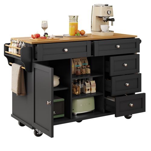 Buffet Repas Moderne Noir 134 Cm - Tiroirs De Rangement - Usage Mobile Ou Fixe-pour Cuisine Maison
