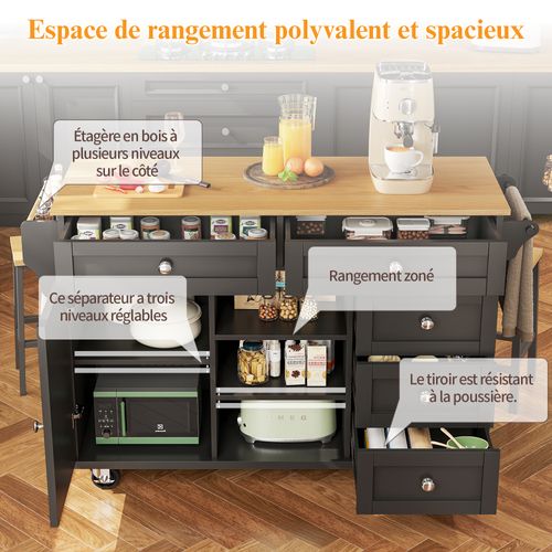 Buffet Repas Moderne Noir 134 Cm - Tiroirs De Rangement - Usage Mobile Ou Fixe-pour Cuisine Maison