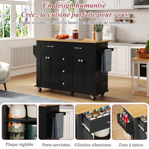 Buffet Cuisine Avec Plan Pliable - 5 Tiroirs, Extensible 120x65 Cm - Multifonction