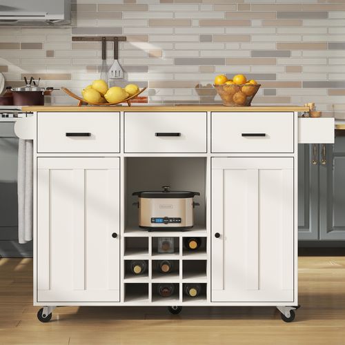 Buffet Cuisine Mobile Blanc Démontable - Plateau Bois, Rangement Modulable Et Porte-serviettes