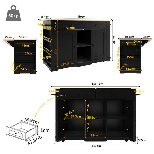 Buffet De Cuisine Noir/bois Avec Prise - Plan De Travail Multifonction - Meuble Service