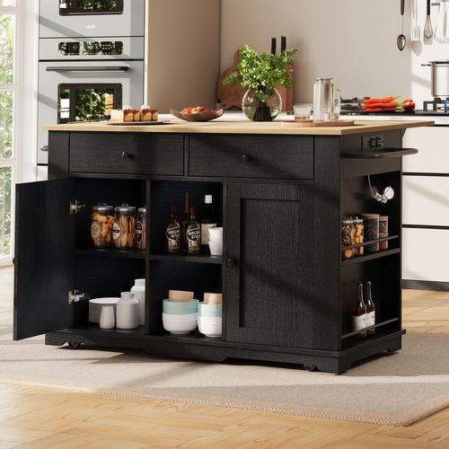 Buffet De Cuisine Noir/bois Avec Prise - Plan De Travail Multifonction - Meuble Service