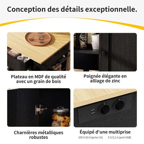 Buffet De Cuisine Noir/bois Avec Prise - Plan De Travail Multifonction - Meuble Service