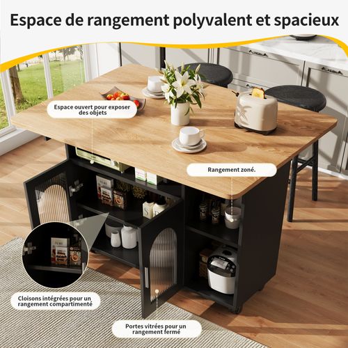 Buffet Cuisine Noir Multifonction - Îlot Avec Chariot Amovible Et Table De Repas - Rangement Intégré