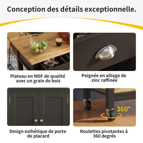 Buffet De Cuisine Moderne Noir 120 Cm - Motif Bois, Panier Pin - Table à Manger Et Rangement