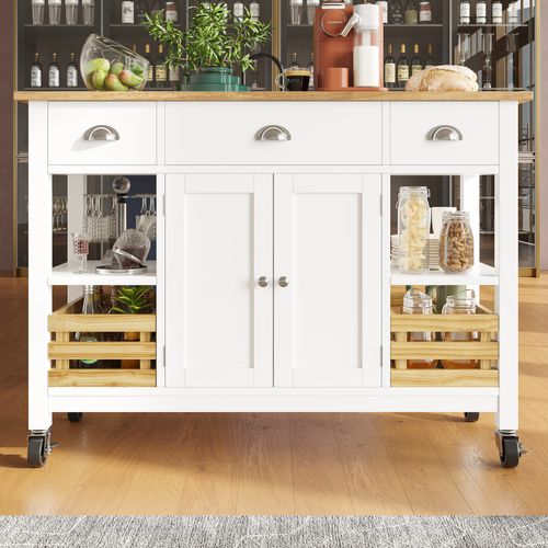 Buffet De Cuisine Moderne Blanc 120 Cm - Motif Bois, Panier Pin - Table à Manger Et Rangement