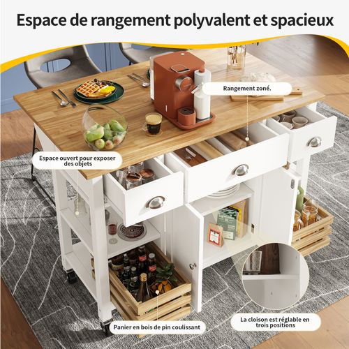 Buffet De Cuisine Moderne Blanc 120 Cm - Motif Bois, Panier Pin - Table à Manger Et Rangement