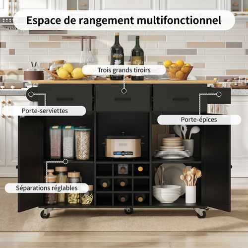 Buffet Cuisine Mobile Noir Démontable - Plateau Bois, Rangement Modulable Et Porte-serviettes