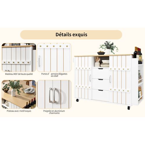 Buffet De Cuisine Blanc à Motif Bois - Portes Coulissantes,tiroirs,plan De Travail-rangement Épices