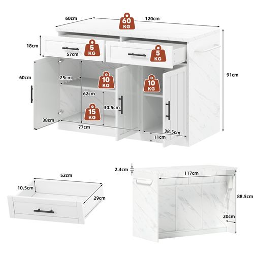 Buffet Cuisine Avec Prises/usb - Étagères Ajustables, Porte-serviettes - Îlot Bar Multifonction