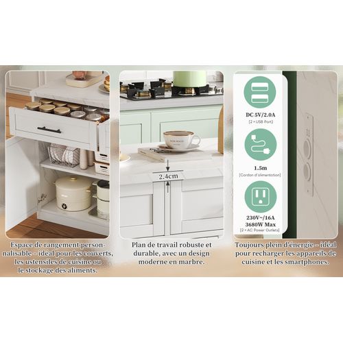 Buffet Cuisine Avec Prises/usb - Étagères Ajustables, Porte-serviettes - Îlot Bar Multifonction