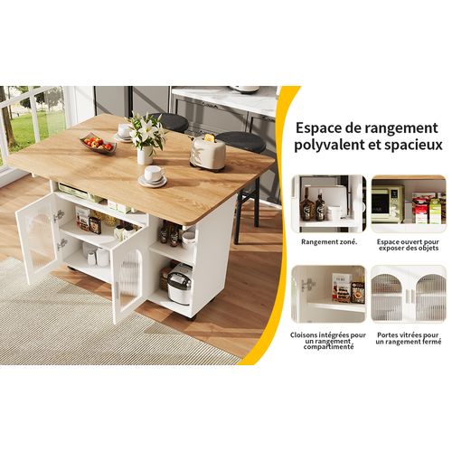 Buffet Cuisine Blanc Multifonction - Îlot Avec Chariot Amovible Et Table De Repas-rangement Intégré