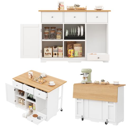 Buffet Cuisine Mobile Blanc 120 Cm - Zone Dédiée Pour Animal Domestique - Tiroir Et Fonction Îlot