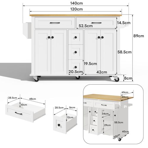 Buffet De Cuisine Mobile Extensible - Plan De Travail Rabattable, 5 Tiroirs Et Rangement Intégré