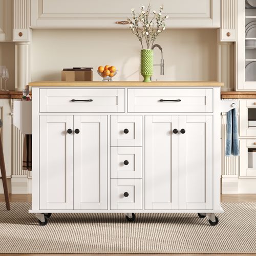 Buffet De Cuisine Mobile Extensible - Plan De Travail Rabattable, 5 Tiroirs Et Rangement Intégré