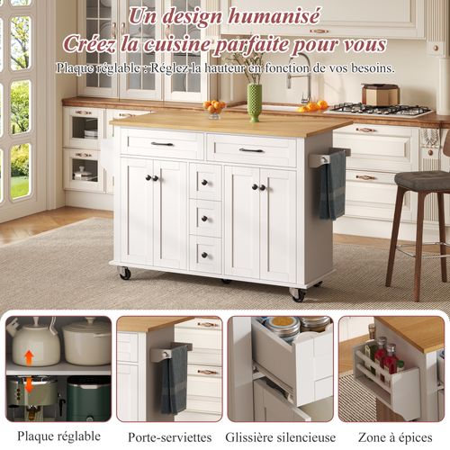 Buffet De Cuisine Mobile Extensible - Plan De Travail Rabattable, 5 Tiroirs Et Rangement Intégré