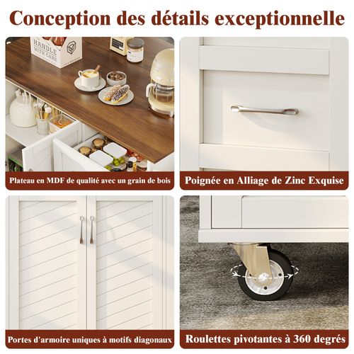 Buffet Cuisine Blanc Design Rayures - Chariot Amovible, Rangement Organisé - Plateau Bois Pratique