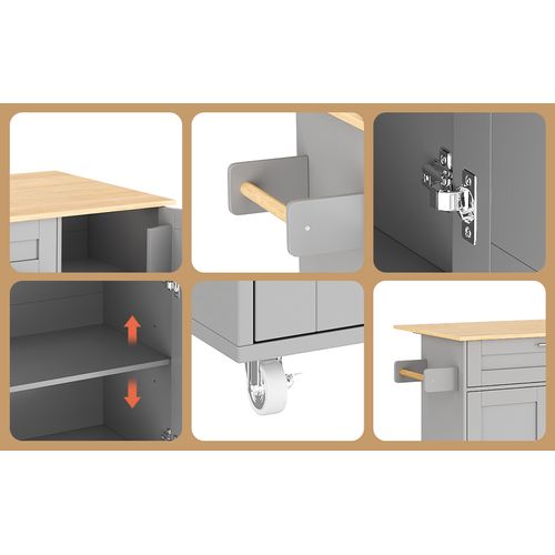 Buffet De Cuisine Mobile Chêne 132.5 Cm - Plateau Pliant, Rangement Épices - 5 Roues - Blanc