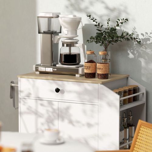 Buffet Cuisine Roulant Blanc - Plan De Travail, Rangement Organisé - Épices Et Serviettes Intégrés