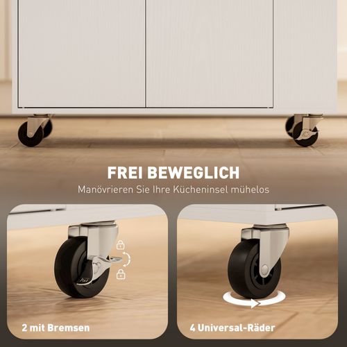 Buffet Cuisine Roulant Blanc - Plan De Travail, Rangement Organisé - Épices Et Serviettes Intégrés