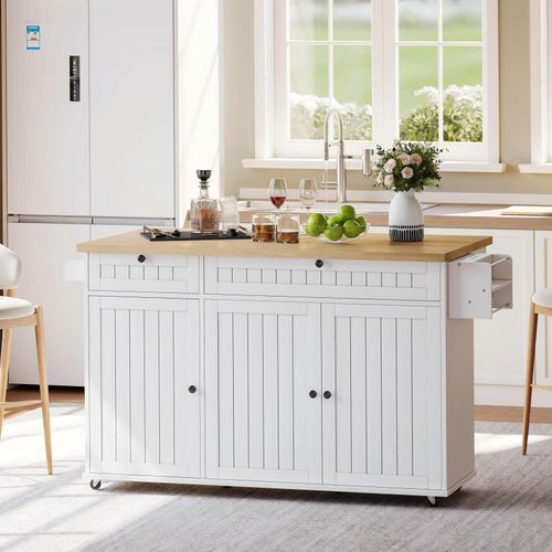 Buffet De Cuisine Blanc 137 Cm - Plateau Pliant, 2 Tiroirs, Armoire - 6 Roues Bloquables, Pratique