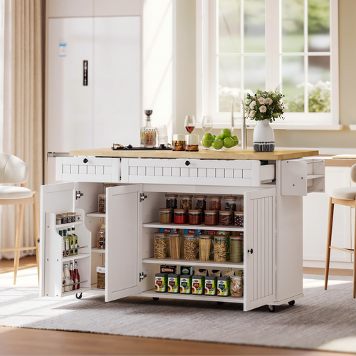 Buffet De Cuisine Blanc 137 Cm - Plateau Pliant, 2 Tiroirs, Armoire - 6 Roues Bloquables, Pratique