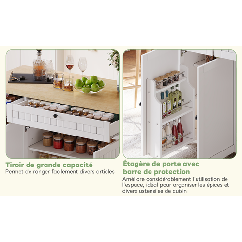 Buffet De Cuisine Blanc 137 Cm - Plateau Pliant, 2 Tiroirs, Armoire - 6 Roues Bloquables, Pratique