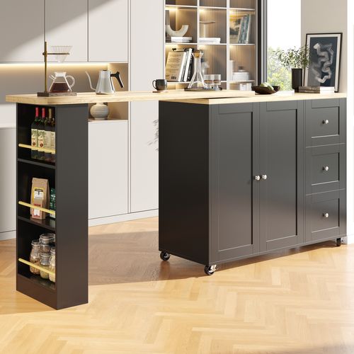 Buffet Tournante Noire 360° Extensible - 3 Tiroirs, Snack - Multifonction Cuisine/salon
