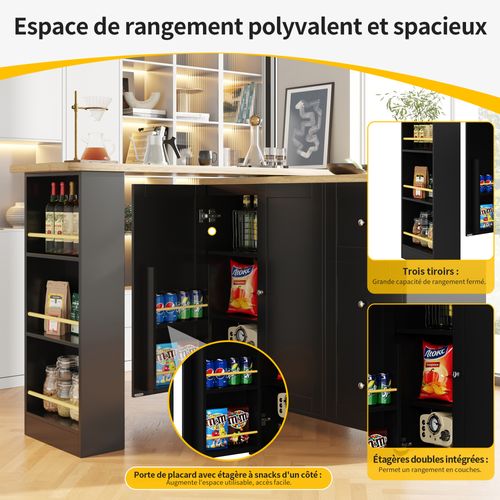 Buffet Tournante Noire 360° Extensible - 3 Tiroirs, Snack - Multifonction Cuisine/salon