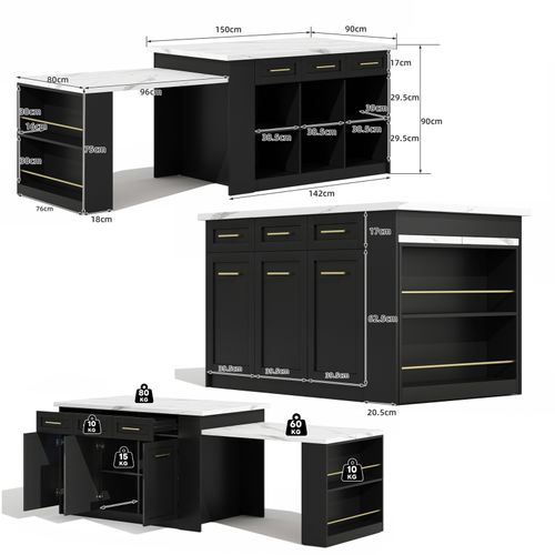 Buffet Cuisine Familial Blanc Marbre/noir - Table Extensible, Rangement Spacieux - Jusqu'à 246 Cm