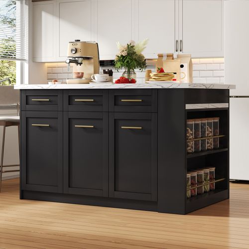 Buffet Cuisine Familial Blanc Marbre/noir - Table Extensible, Rangement Spacieux - Jusqu'à 246 Cm