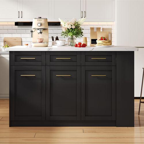 Buffet Cuisine Familial Blanc Marbre/noir - Table Extensible, Rangement Spacieux - Jusqu'à 246 Cm