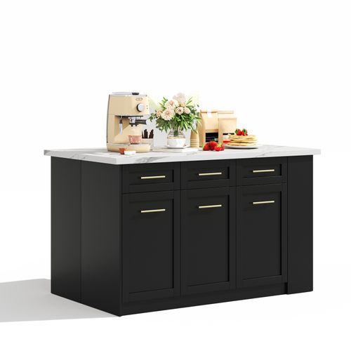 Buffet Cuisine Familial Blanc Marbre/noir - Table Extensible, Rangement Spacieux - Jusqu'à 246 Cm