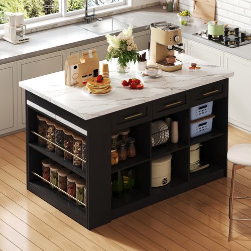Buffet Cuisine Familial Blanc Marbre/noir - Table Extensible, Rangement Spacieux - Jusqu'à 246 Cm