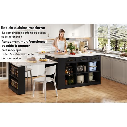 Buffet Cuisine Familial Blanc Marbre/noir - Table Extensible, Rangement Spacieux - Jusqu'à 246 Cm