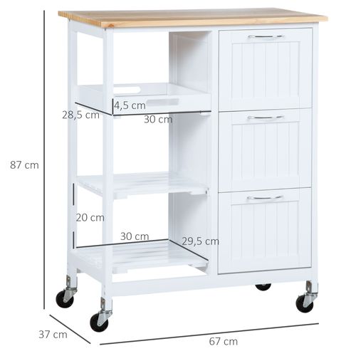 Buffet De Service Blanc 67 Cm - 3 Tiroirs, 3 Niveaux, Plan De Travail - Rangement Mobile Pratique