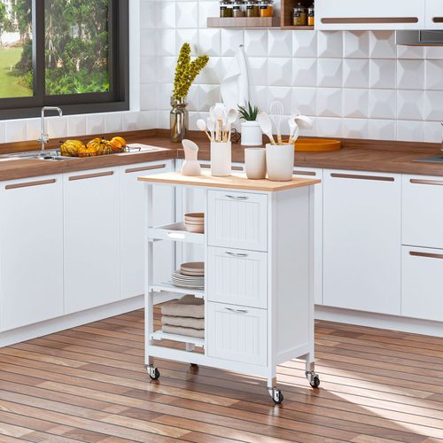 Buffet De Service Blanc 67 Cm - 3 Tiroirs, 3 Niveaux, Plan De Travail - Rangement Mobile Pratique