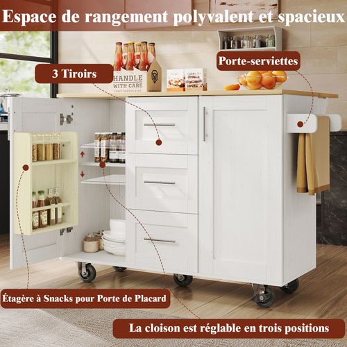 Buffet De Cuisine Blanc Et Bois - Cloisons Et Roues Amovibles - Table, Buffet Et Porte-serviettes