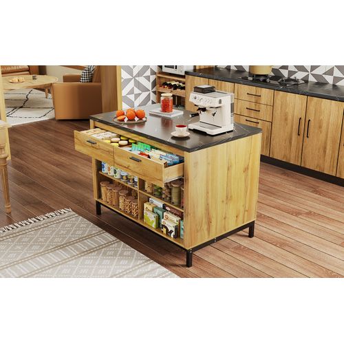 Buffet Cuisine Rustique Chêne Et Marbre Noir - 120 Cm, 2 Tiroirs/4 Étagères - Zone Bar Intégrée