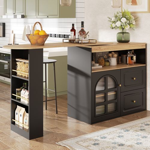 Buffet Bar Tournant Noir Design - 360°, Étagères Et Vitre Courbée - Pour Salon/chambre